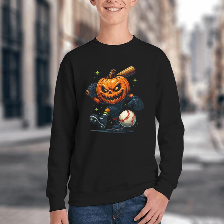 Spooky Halloween Scary Pumpkin Baseball Player Witchy Vibes Youth Crewneck Sweatshirt Spooky Halloween Scary Pumpkin Baseball Player Witchy Vibes Youth Crewneck Sweatshirt