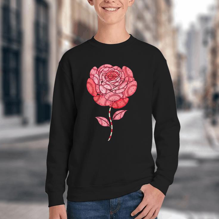 Sporty Rose Graphic With Baseball And Rugby Ball Petals Youth Crewneck Sweatshirt Sporty Rose Graphic With Baseball And Rugby Ball Petals Youth Crewneck Sweatshirt