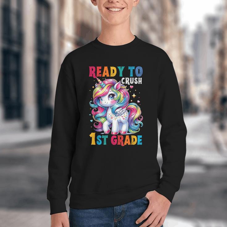 Student Unicorn Ready Back To School Crush 1st Grade Girls Youth Crewneck Sweatshirt Student Unicorn Ready Back To School Crush 1st Grade Girls Youth Crewneck Sweatshirt