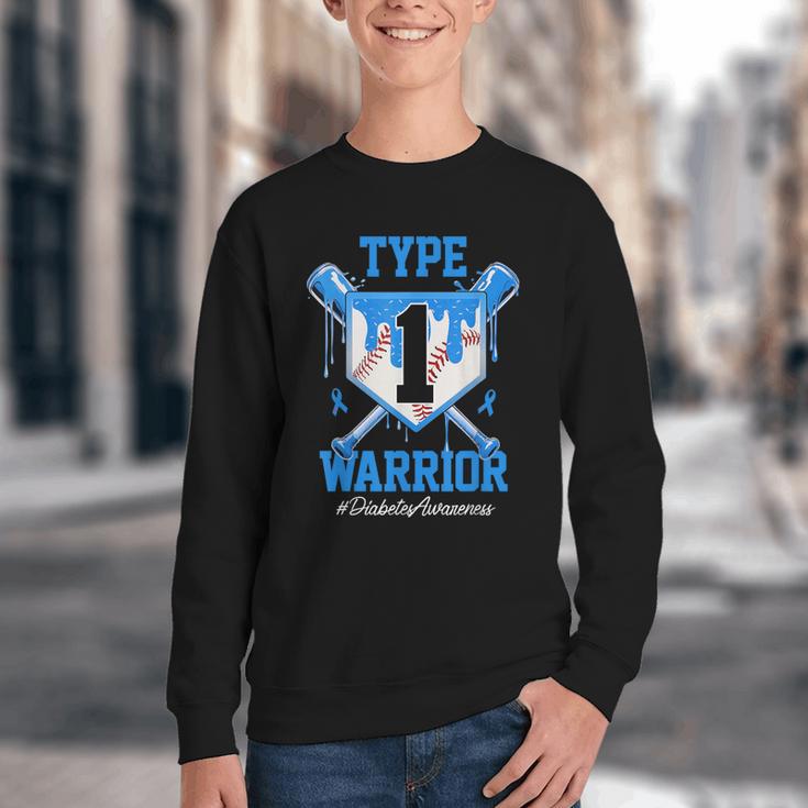 T1D Warrior Baseball Drip Diabetes Awareness Blue Ribbon Youth Crewneck Sweatshirt