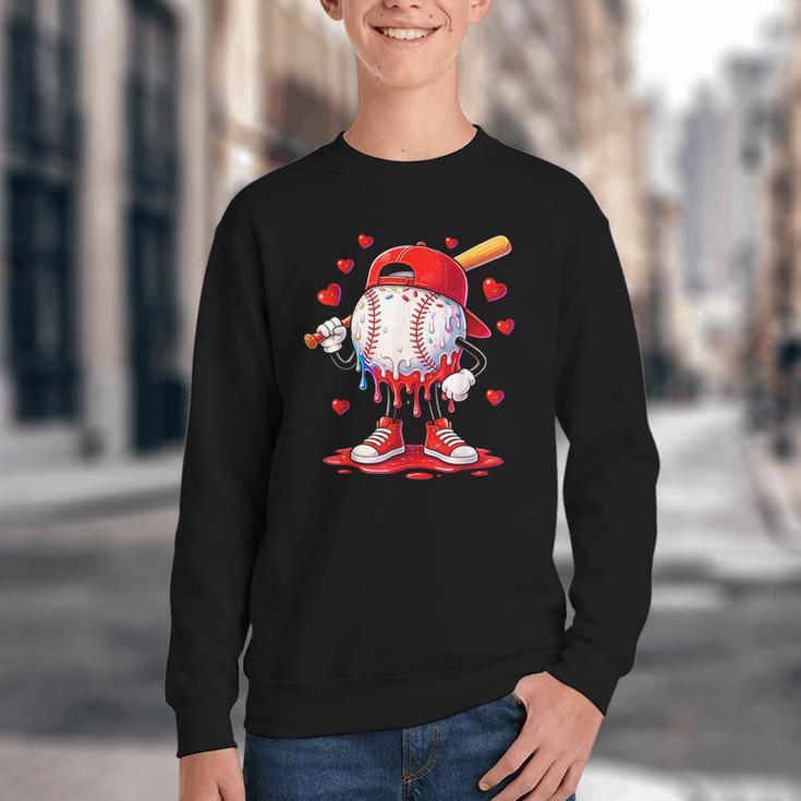Valentine Baseball Heart Drip Sport Love Valentines Day Boys Youth Crewneck Sweatshirt