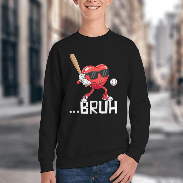 Valentines Bruh Red Heart Playing Baseball Men Boys Kids Youth Crewneck Sweatshirt