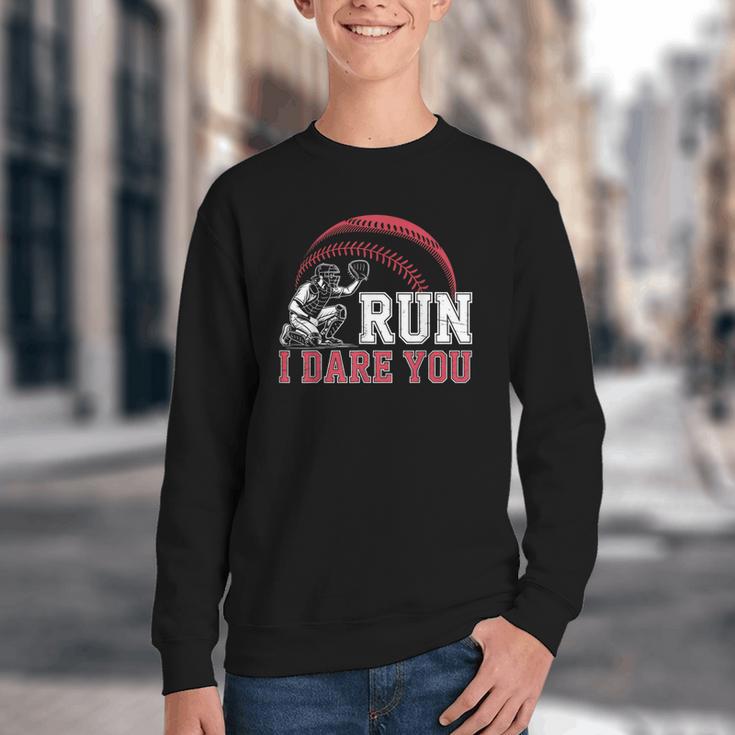 Vintage Humor Baseball Apparel Run I Dare You Youth Crewneck Sweatshirt Vintage Humor Baseball Apparel Run I Dare You Youth Crewneck Sweatshirt