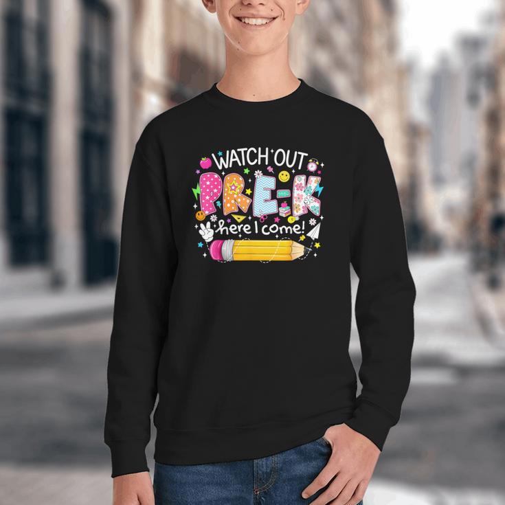 Watch Out Pre-K Here I Come Back To School Boy Girl Kids Youth Crewneck Sweatshirt Watch Out Pre-K Here I Come Back To School Boy Girl Kids Youth Crewneck Sweatshirt
