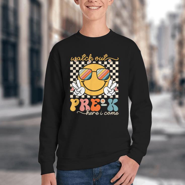 Watch Out Pre-K Grade Here I Come Back To School Pre-K Smile Youth Crewneck Sweatshirt Watch Out Pre-K Grade Here I Come Back To School Pre-K Smile Youth Crewneck Sweatshirt