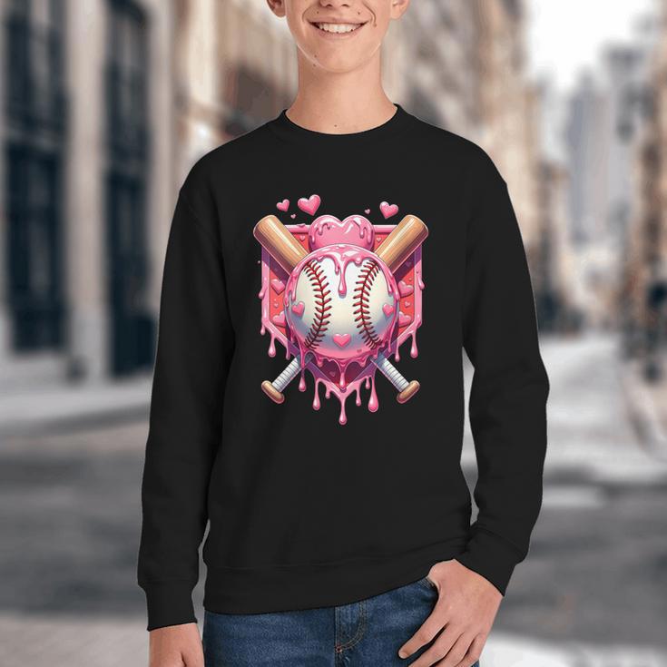 Women's Valentines Day Baseball Boys Ice Cream Drip Heart Youth Kids Youth Crewneck Sweatshirt