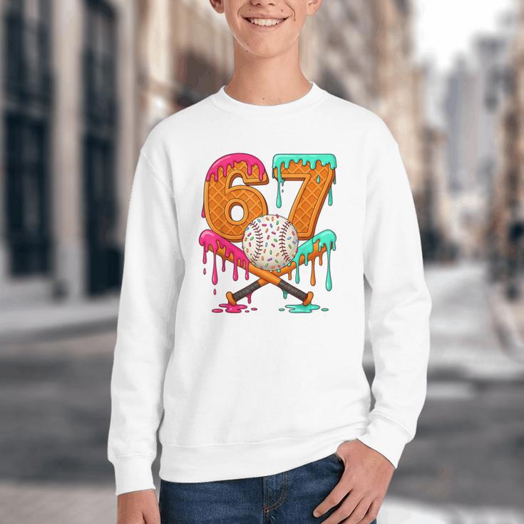 67 Ice Cream Drip Baseball Number 67 Player 67th Birthday Youth Crewneck Sweatshirt 67 Ice Cream Drip Baseball Number 67 Player 67th Birthday Youth Crewneck Sweatshirt