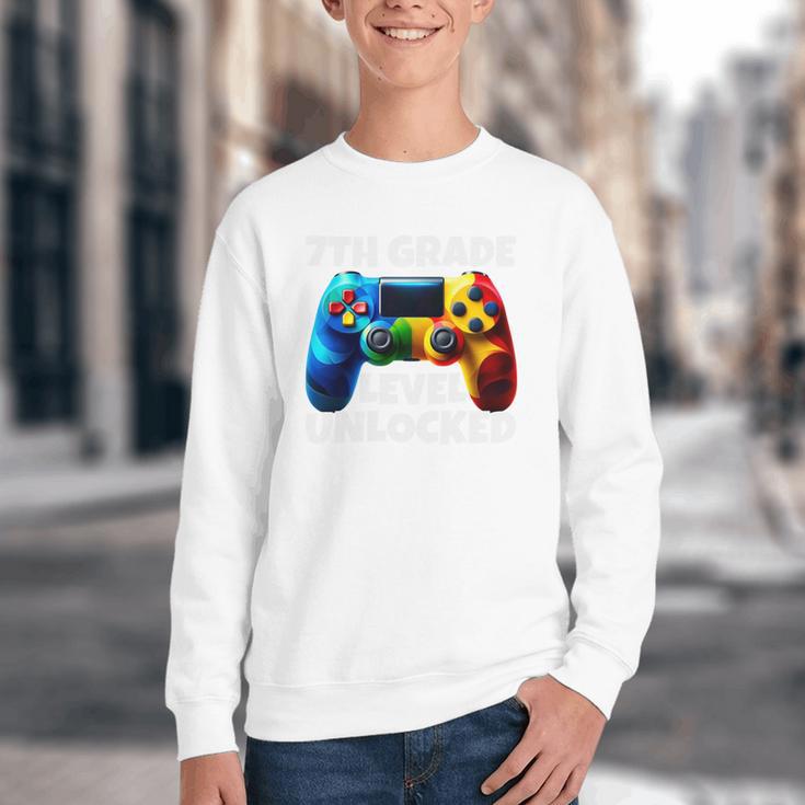 7th Grade Level Unlocked Back To School Gamer Boys Girls Youth Crewneck Sweatshirt