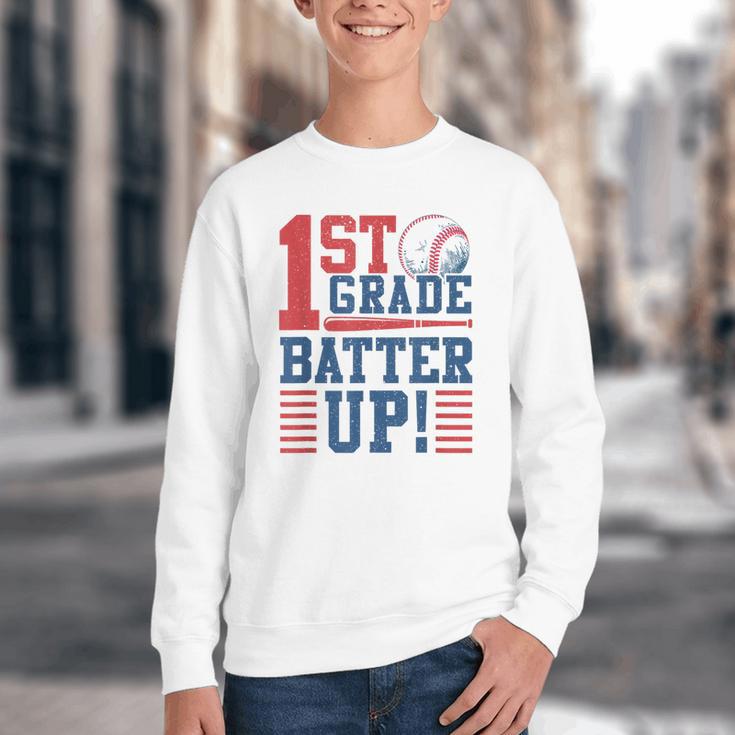 Baseball 1st Grade Back To School 1st Grade Batter Up Youth Crewneck Sweatshirt Baseball 1st Grade Back To School 1st Grade Batter Up Youth Crewneck Sweatshirt