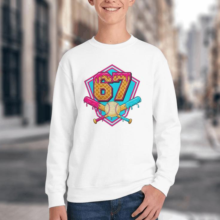 Baseball Drip Jersey Number 67 For Players & 67th Birthday Premium Tri-Blend Youth Crewneck Sweatshirt