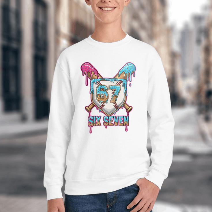 Baseball Drip Number 67 Player 6-7 Six Seven Meme Gen Alpha Youth Crewneck Sweatshirt Baseball Drip Number 67 Player 6-7 Six Seven Meme Gen Alpha Youth Crewneck Sweatshirt