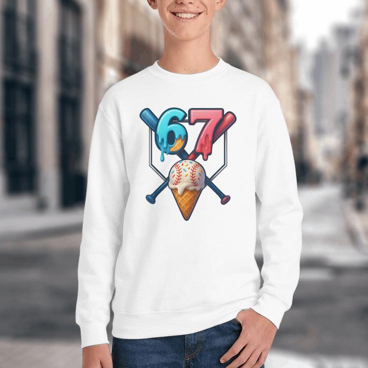 Baseball Ice Cream Drip 67 Six Seven Gen Alpha Slang Meme Youth Crewneck Sweatshirt Baseball Ice Cream Drip 67 Six Seven Gen Alpha Slang Meme Youth Crewneck Sweatshirt