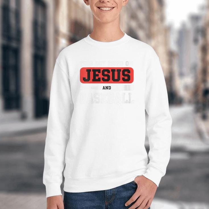 This Boy Runs On Jesus And Baseball Christian Baseball Youth Crewneck Sweatshirt