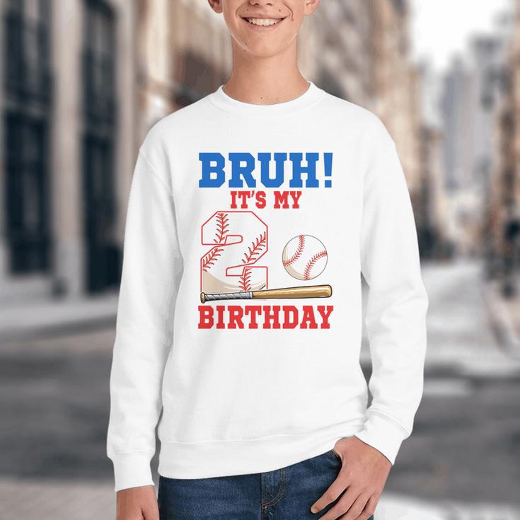Bruh It's My 2nd Birthday Boy Baseball Themed Party Youth Crewneck Sweatshirt