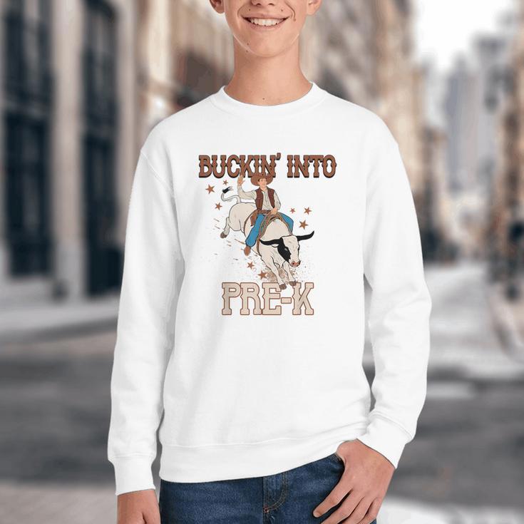 Buckin' Into Pre-K Back To School Cowboy Western Youth Crewneck Sweatshirt Buckin' Into Pre-K Back To School Cowboy Western Youth Crewneck Sweatshirt