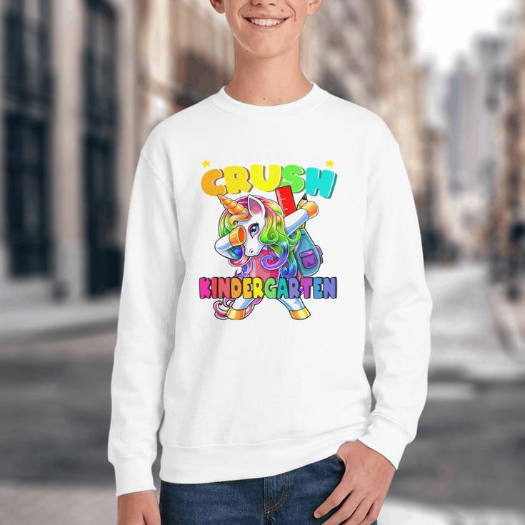 Crush Kindergarten Dabbing Unicorn Back To School Girls Performance Youth Crewneck Sweatshirt Crush Kindergarten Dabbing Unicorn Back To School Girls Performance Youth Crewneck Sweatshirt