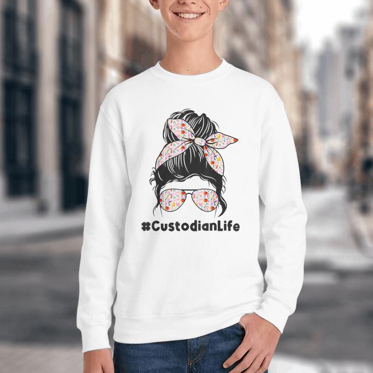 Custodian Life Messy Bun Hair Glasses Leopard Back To School Youth Crewneck Sweatshirt Custodian Life Messy Bun Hair Glasses Leopard Back To School Youth Crewneck Sweatshirt