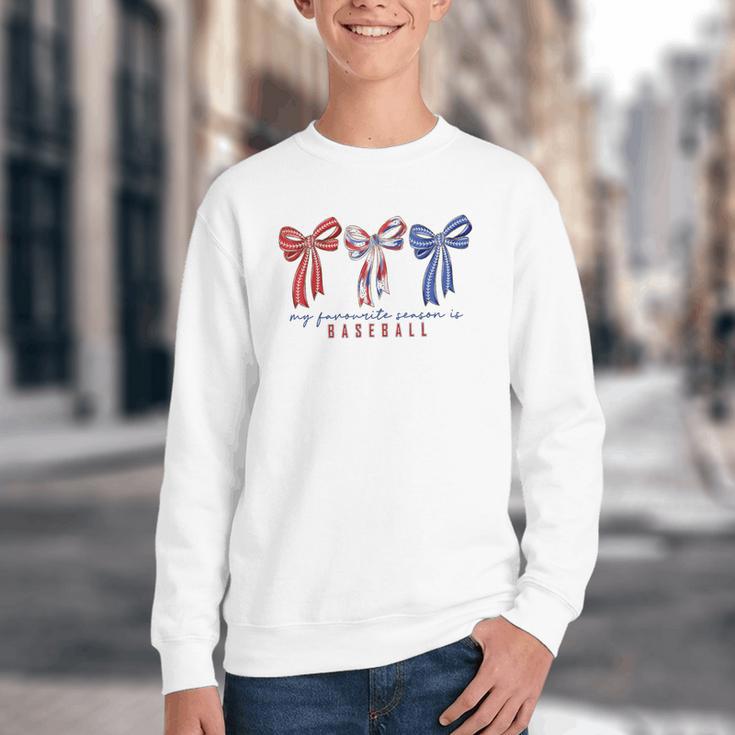 My Favorite Season Is Baseball Coquette Bow Game Day Mom Sis Youth Crewneck Sweatshirt My Favorite Season Is Baseball Coquette Bow Game Day Mom Sis Youth Crewneck Sweatshirt