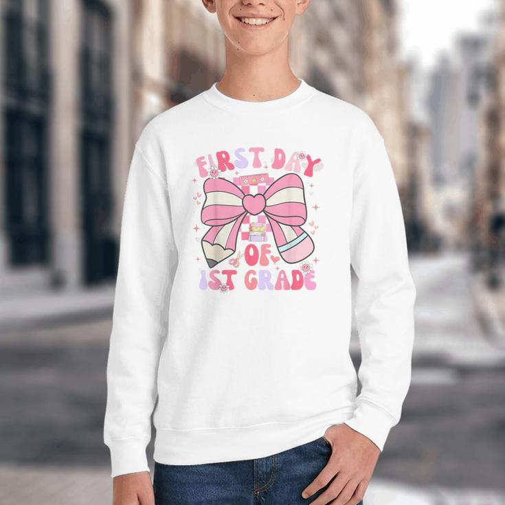 First Day Of 1st Grade Coquette Back To School Girls Kids Youth Crewneck Sweatshirt First Day Of 1st Grade Coquette Back To School Girls Kids Youth Crewneck Sweatshirt