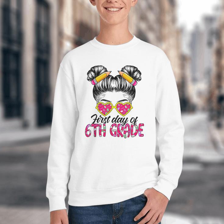 First Day Of 6th Grade Messy Hair Bun Girl Back To School Youth Crewneck Sweatshirt First Day Of 6th Grade Messy Hair Bun Girl Back To School Youth Crewneck Sweatshirt