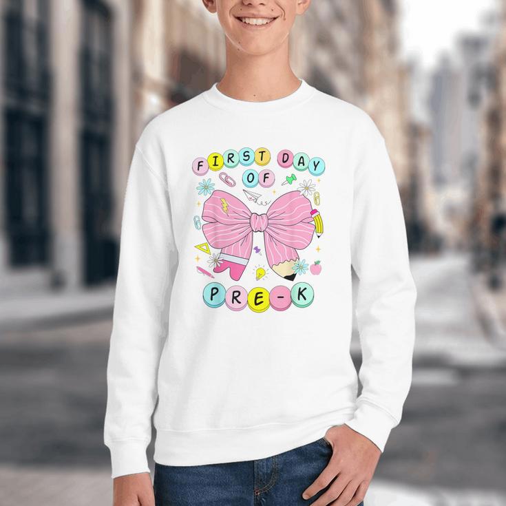 First Day Of Pre-K Girls Coquette Bow Back To School Kids Youth Crewneck Sweatshirt First Day Of Pre-K Girls Coquette Bow Back To School Kids Youth Crewneck Sweatshirt