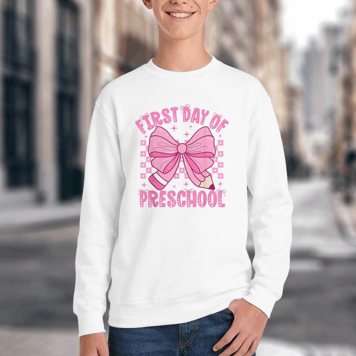 First Day Of Preschool Coquette Bow Back To School Girls Youth Crewneck Sweatshirt First Day Of Preschool Coquette Bow Back To School Girls Youth Crewneck Sweatshirt