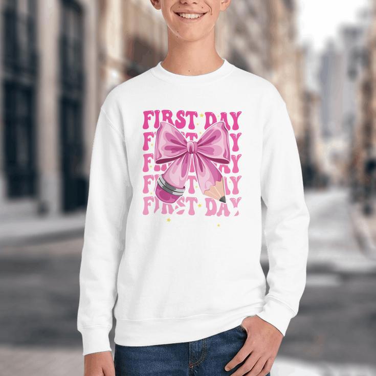 First Day Of School Girls Coquette Bow Back To School Performance Youth Crewneck Sweatshirt First Day Of School Girls Coquette Bow Back To School Performance Youth Crewneck Sweatshirt