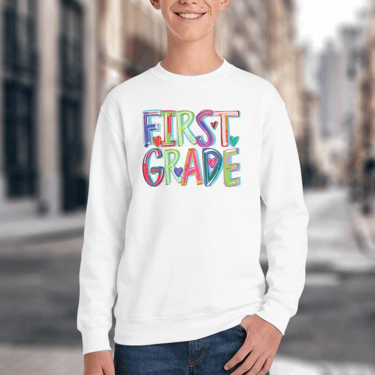 First Grade Back To School Happy First Day Of School Youth Crewneck Sweatshirt
