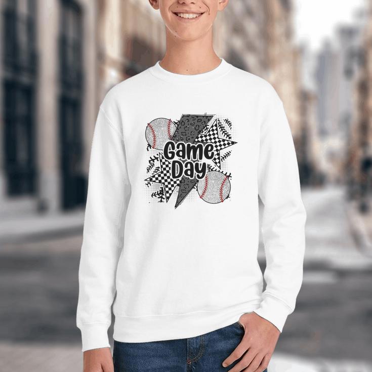 Game Day Baseball Retro Checkered Baseball Youth Crewneck Sweatshirt Game Day Baseball Retro Checkered Baseball Youth Crewneck Sweatshirt