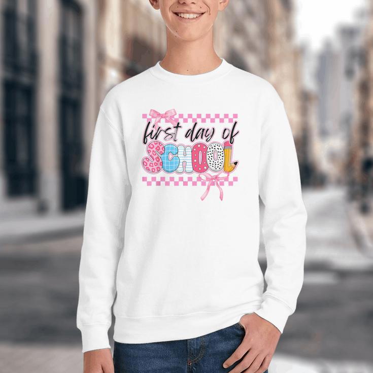 Girl First Day Of School Coquette Bow Pink Back To School Youth Crewneck Sweatshirt Girl First Day Of School Coquette Bow Pink Back To School Youth Crewneck Sweatshirt