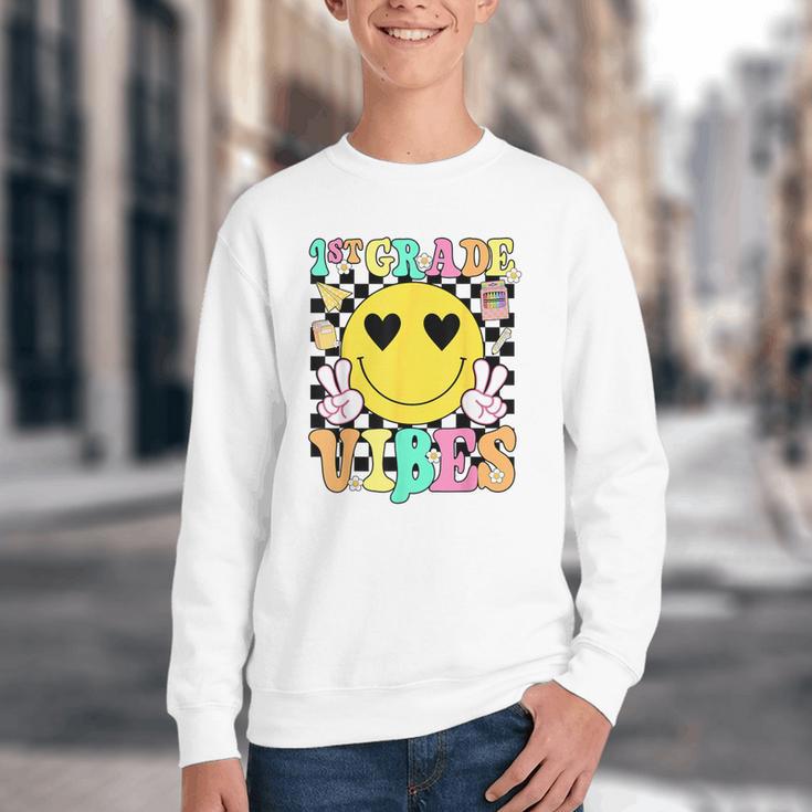 Girls 1st Grade Vibes Smile Face Back To School First Grade Youth Crewneck Sweatshirt