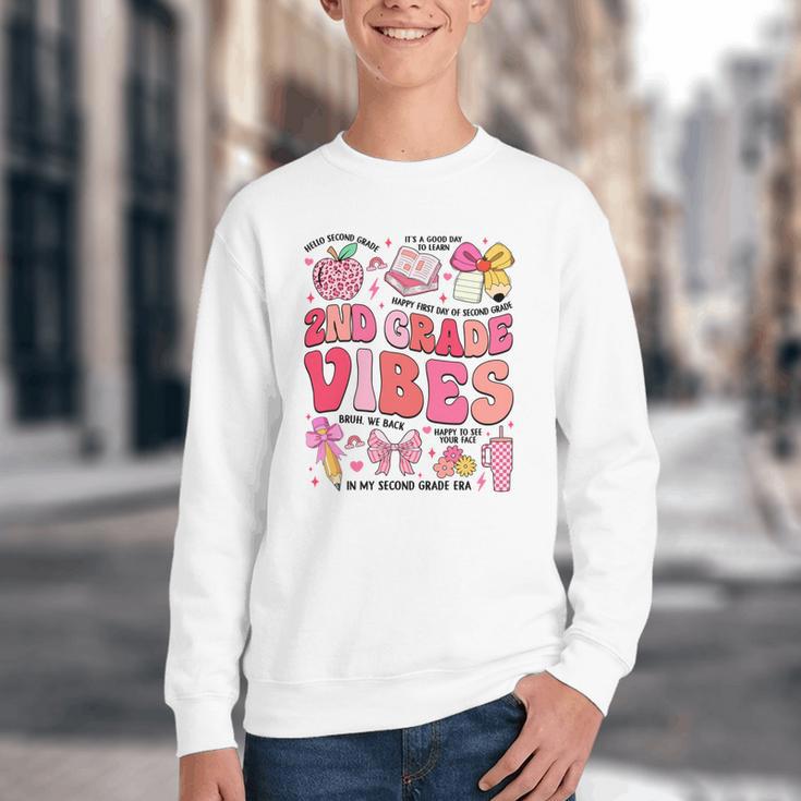 Girls 2nd Grade Vibes Coquette Pink Bow Back To School Youth Crewneck Sweatshirt Girls 2nd Grade Vibes Coquette Pink Bow Back To School Youth Crewneck Sweatshirt