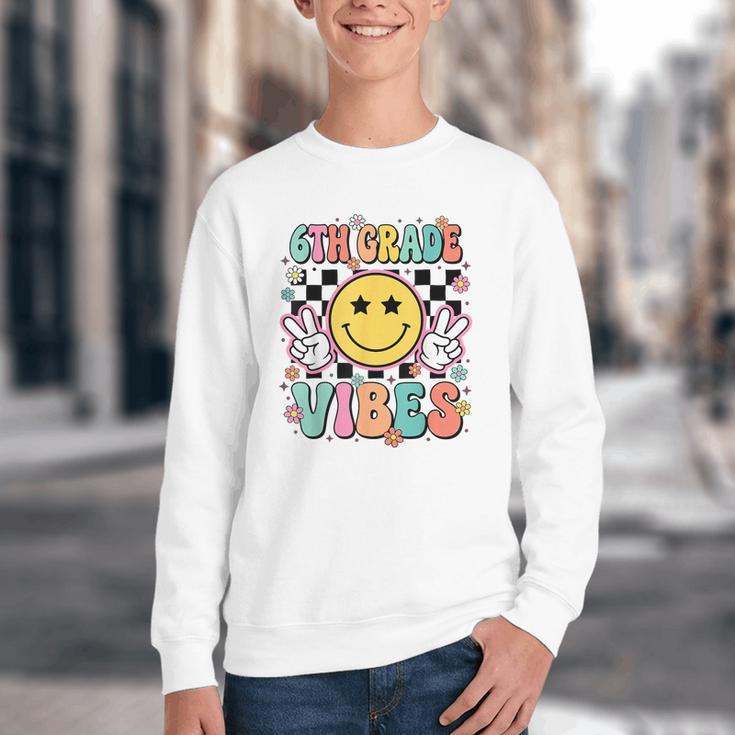 Groovy Sixth 6TH Grade Vibes Back To School First Day Kids Youth Crewneck Sweatshirt Groovy Sixth 6TH Grade Vibes Back To School First Day Kids Youth Crewneck Sweatshirt