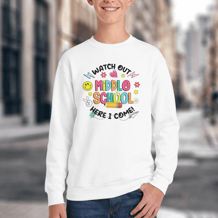 Groovy Watch Out Middle School Here I Come Back To School Youth Crewneck Sweatshirt Groovy Watch Out Middle School Here I Come Back To School Youth Crewneck Sweatshirt