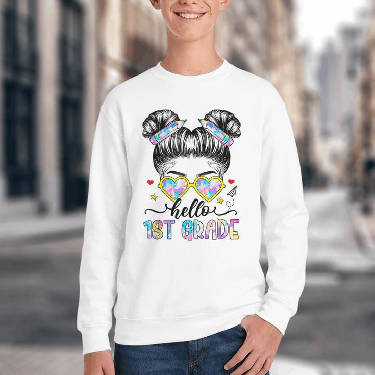 Hello 1st Grade Messy Bun Girl Back To School First Day Youth Crewneck Sweatshirt Hello 1st Grade Messy Bun Girl Back To School First Day Youth Crewneck Sweatshirt