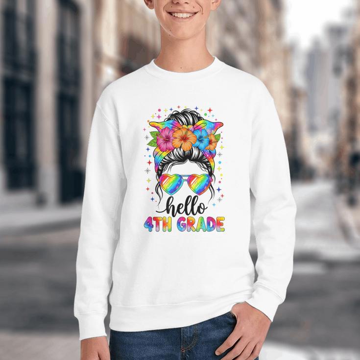 Hello 4th Grade Messy Bun Girls Back To School First Day Youth Crewneck Sweatshirt Hello 4th Grade Messy Bun Girls Back To School First Day Youth Crewneck Sweatshirt