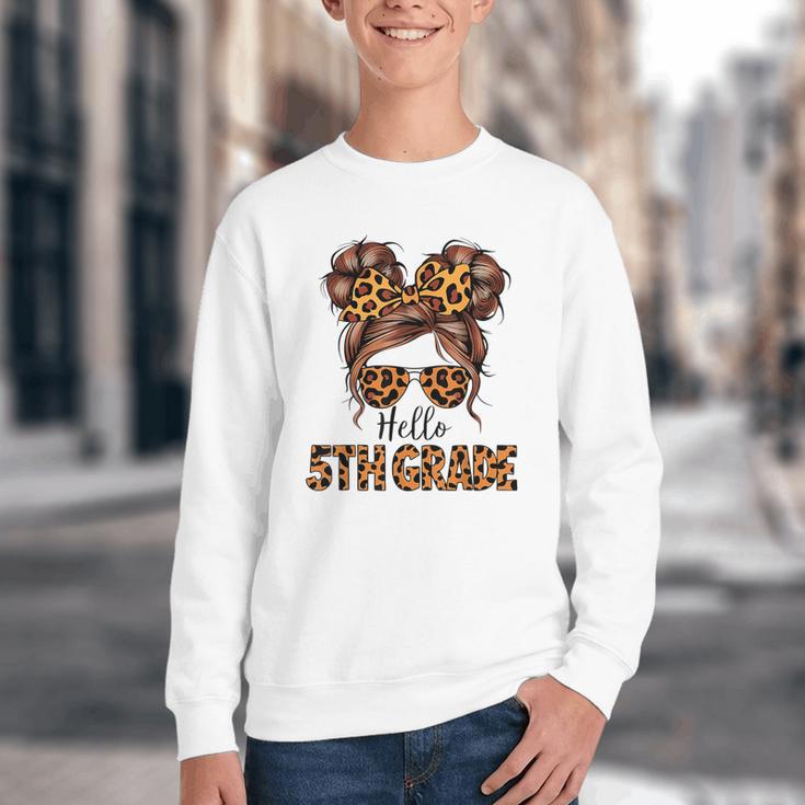 Hello 5th Grade Messy Hair Bun Girl Back To School First Day Youth Crewneck Sweatshirt Hello 5th Grade Messy Hair Bun Girl Back To School First Day Youth Crewneck Sweatshirt