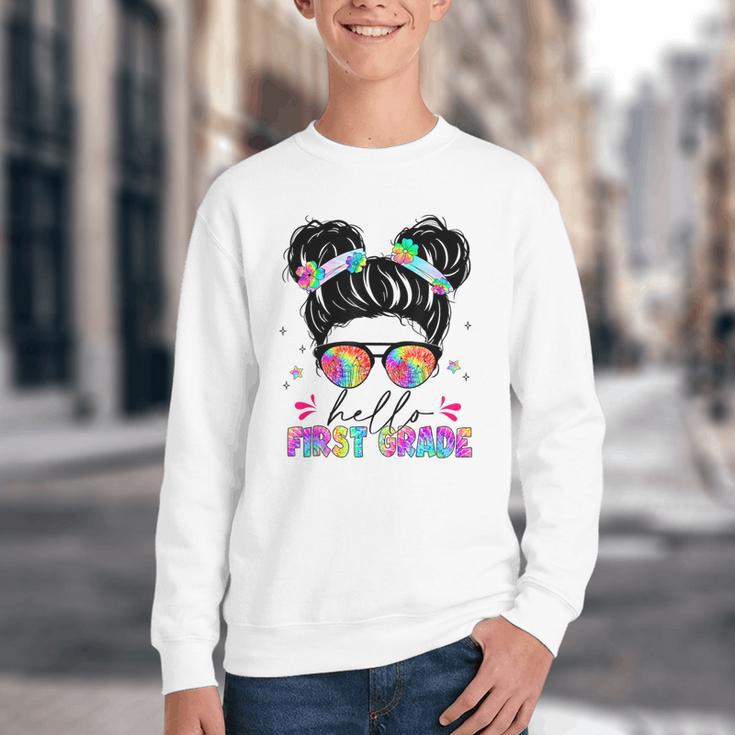 Hello First Grade Shirt Messy Bun Tie Dye Back To School Youth Crewneck Sweatshirt Hello First Grade Shirt Messy Bun Tie Dye Back To School Youth Crewneck Sweatshirt