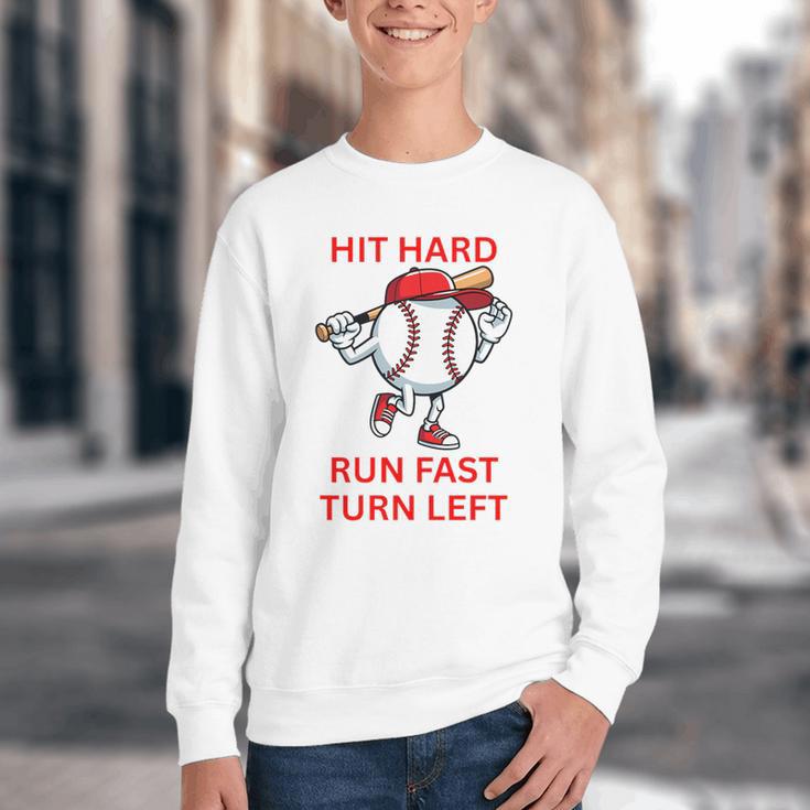 Hit Hard Run Fast Turn Left Baseball Player Premium Tri-Blend Youth Crewneck Sweatshirt