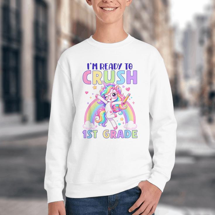 I'm Ready To Crush 1st Grade Unicorn Girls Back To School Youth Crewneck Sweatshirt I'm Ready To Crush 1st Grade Unicorn Girls Back To School Youth Crewneck Sweatshirt