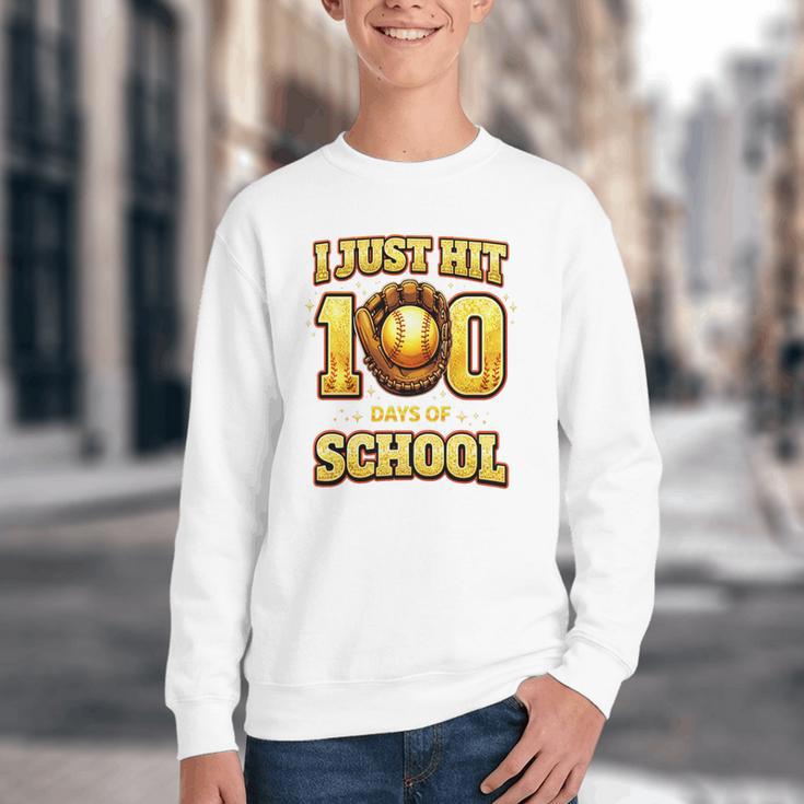 I Just Hit 100 Days Of School Baseball Boys Kids 100th Day Youth Crewneck Sweatshirt I Just Hit 100 Days Of School Baseball Boys Kids 100th Day Youth Crewneck Sweatshirt