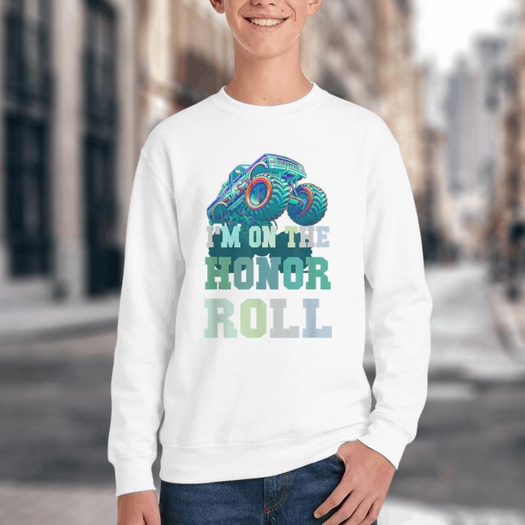 Kids I'M ON HONOR ROLL Monster Trucks Back To School Bruh Youth Crewneck Sweatshirt Kids I'M ON HONOR ROLL Monster Trucks Back To School Bruh Youth Crewneck Sweatshirt
