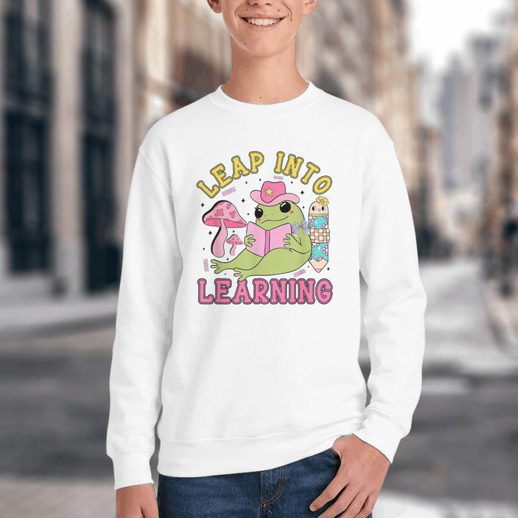 Leap Into Learning Cute Frog Kawaii Back To School Kids Youth Crewneck Sweatshirt