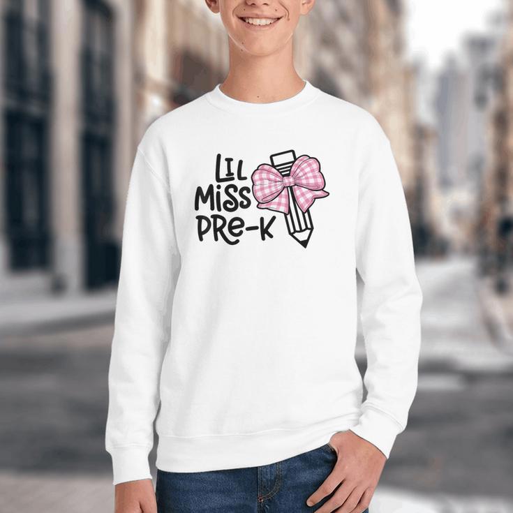 LiL Miss Pre-K Cute Back To School Pink Y2k Coquette Bow Youth Crewneck Sweatshirt LiL Miss Pre-K Cute Back To School Pink Y2k Coquette Bow Youth Crewneck Sweatshirt
