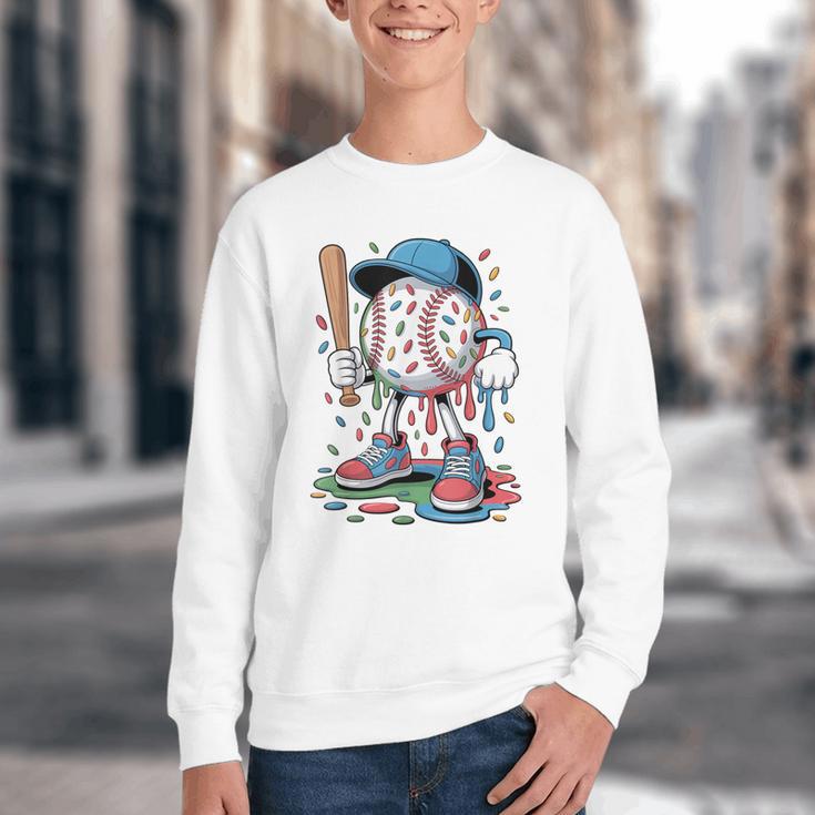 Melting Slime Sprinkle Baseball Mascot With Bat Youth Crewneck Sweatshirt Melting Slime Sprinkle Baseball Mascot With Bat Youth Crewneck Sweatshirt
