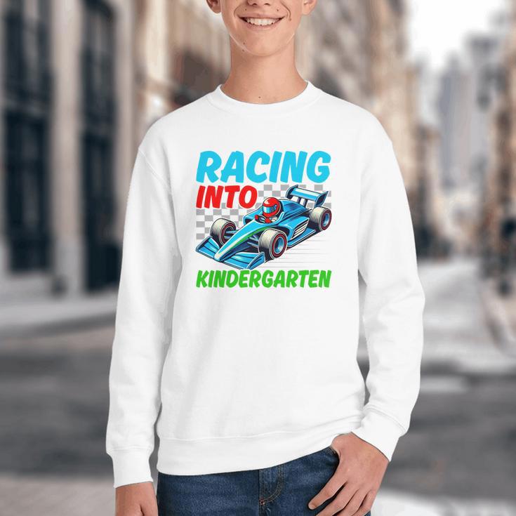 Racing Into Kindergarten Race Car Driver Back To School Performance Youth Crewneck Sweatshirt Racing Into Kindergarten Race Car Driver Back To School Performance Youth Crewneck Sweatshirt