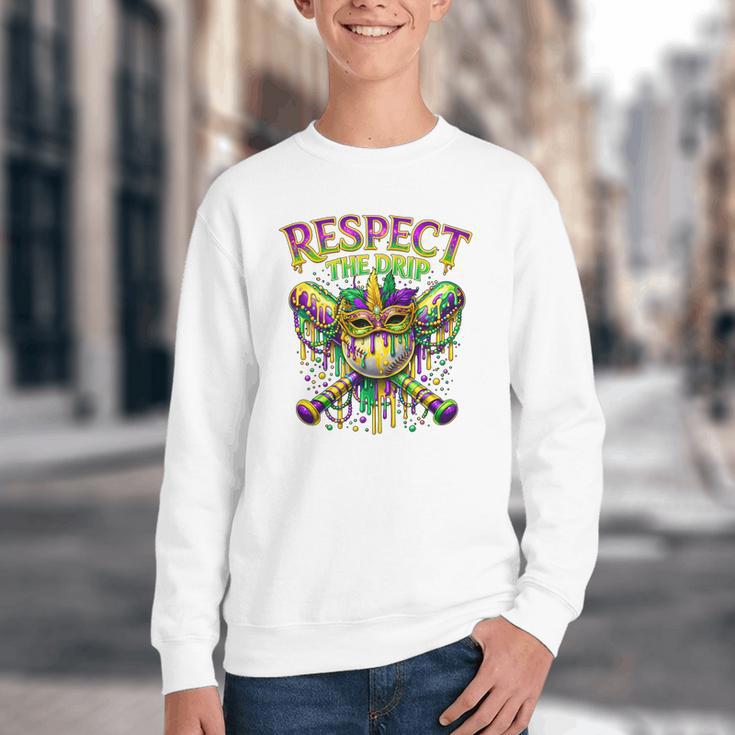 Respect The Drip Mardi Gras Baseball Ice Cream Boys Carnival Youth Crewneck Sweatshirt