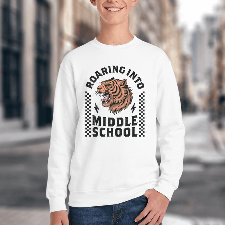 Roaring Into Middle School Tiger Back To School Boy Girl Kid Youth Crewneck Sweatshirt Roaring Into Middle School Tiger Back To School Boy Girl Kid Youth Crewneck Sweatshirt
