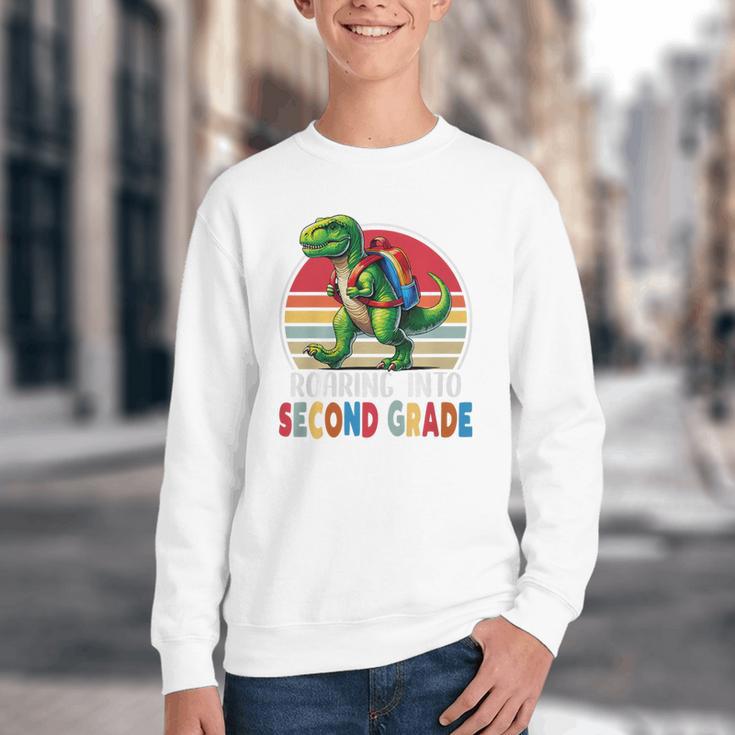 Roaring Into Second Grade T-Rex Back To School 2nd Grade Premium Tri-Blend Youth Crewneck Sweatshirt