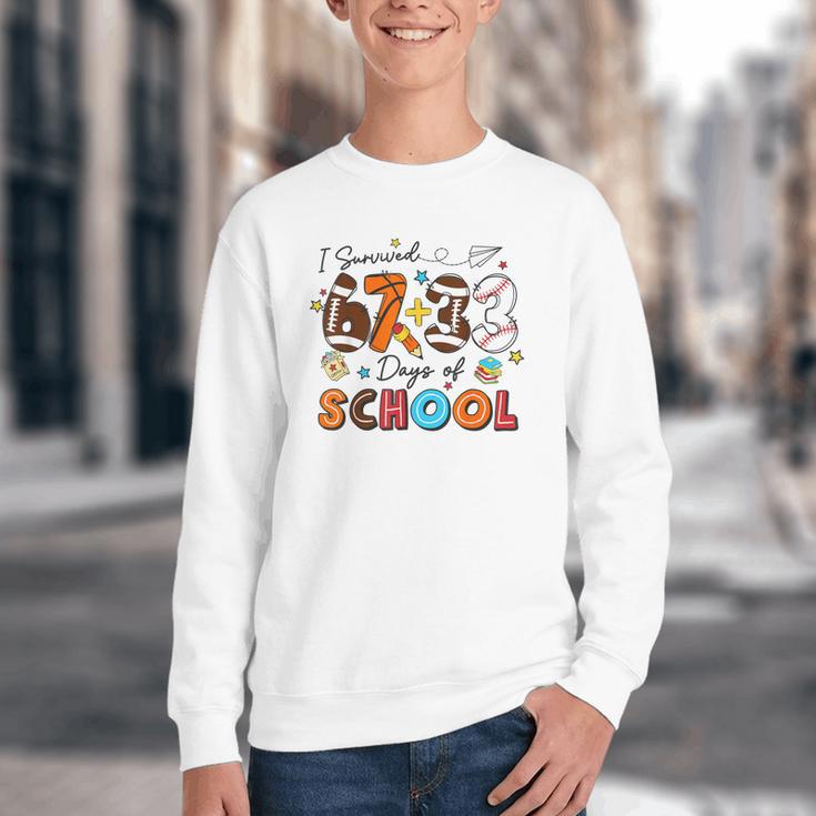 I Survived 67 33 Days Of School Baseball Basketball Football Youth Crewneck Sweatshirt I Survived 67 33 Days Of School Baseball Basketball Football Youth Crewneck Sweatshirt